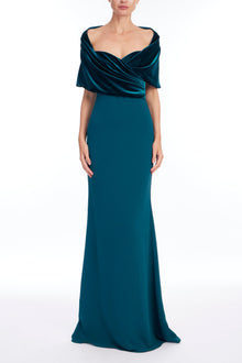 Badgley Mischka | Teal Velvet & Crepe Cowl Neck Column Gown | Teal