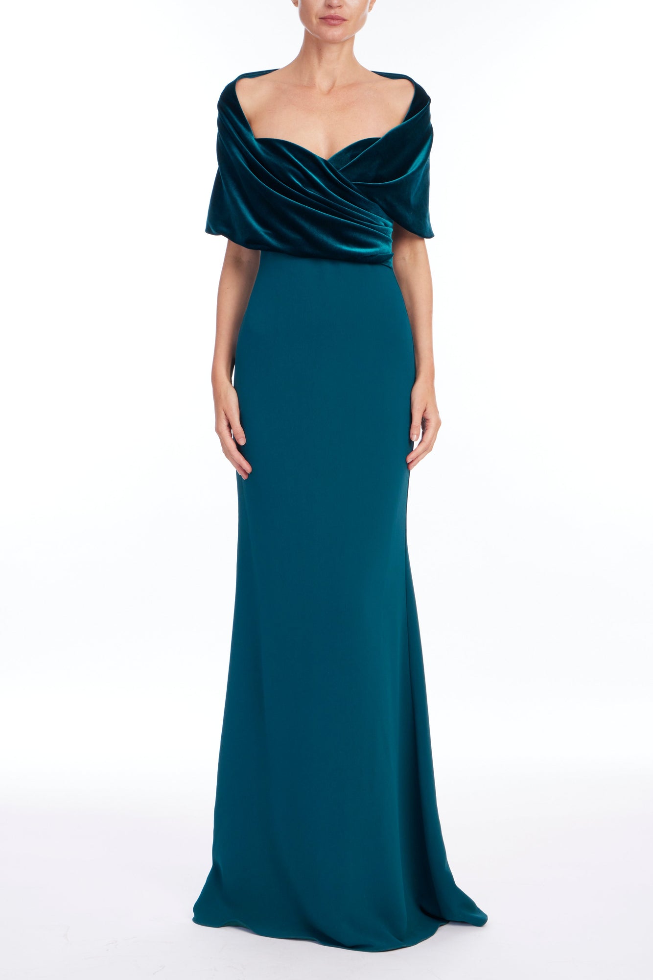Badgley Mischka | Teal Velvet & Crepe Cowl Neck Column Gown | Teal