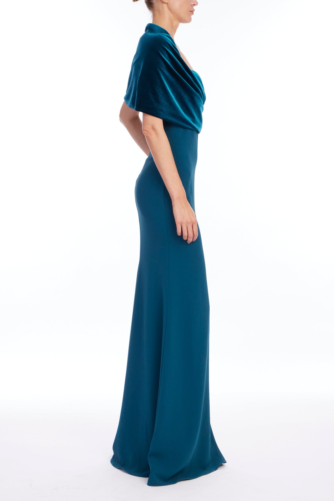Badgley Mischka | Teal Velvet & Crepe Cowl Neck Column Gown | Teal