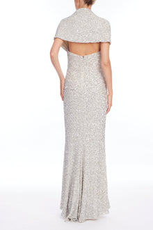 Badgley Mischka | Drape Off Shoulder Sequin Gown | Silver