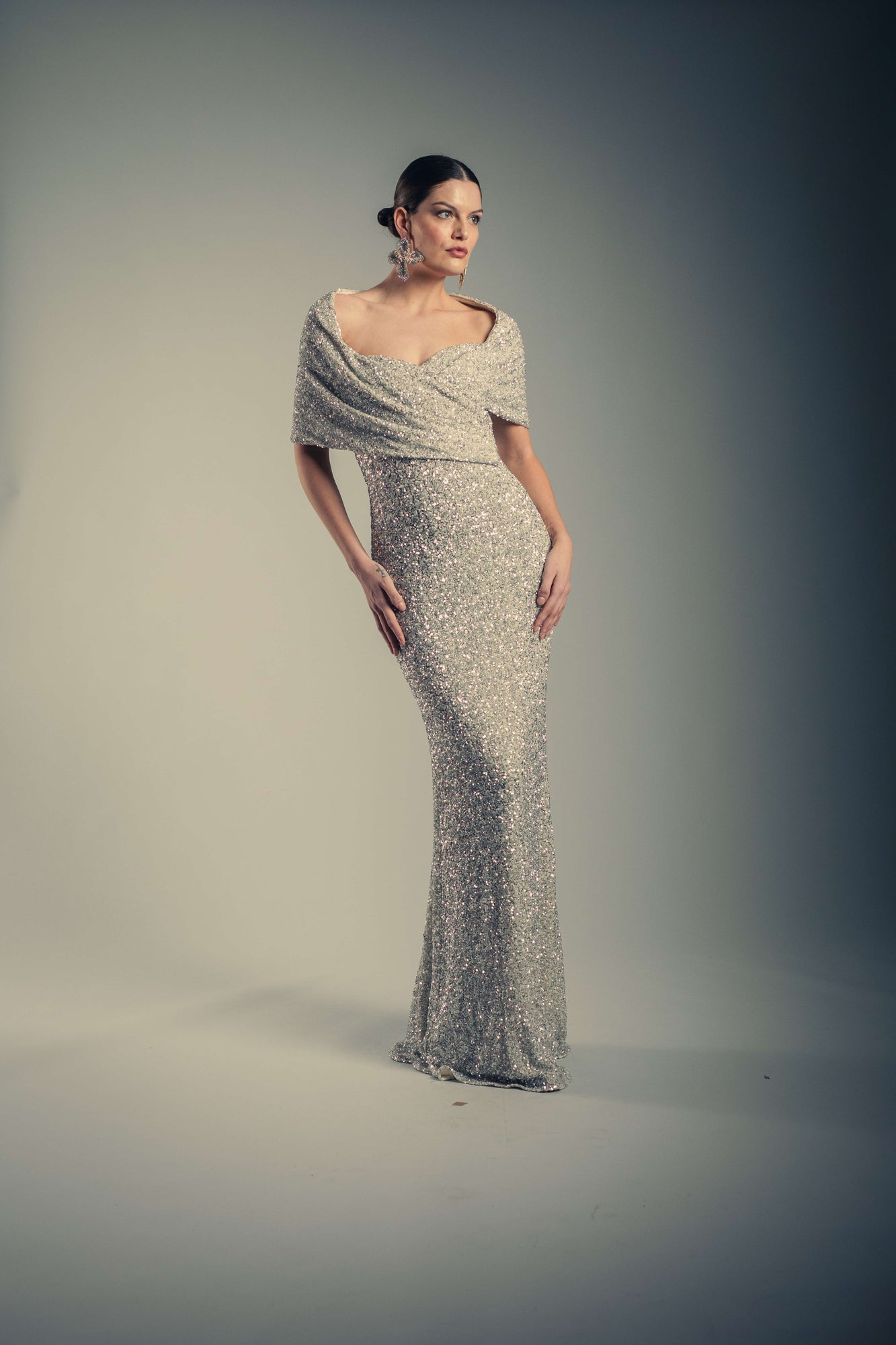 Badgley Mischka | Drape Off Shoulder Sequin Gown | Silver