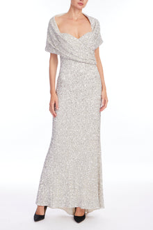 Badgley Mischka | Drape Off Shoulder Sequin Gown | Silver