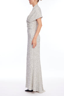 Badgley Mischka | Drape Off Shoulder Sequin Gown | Silver