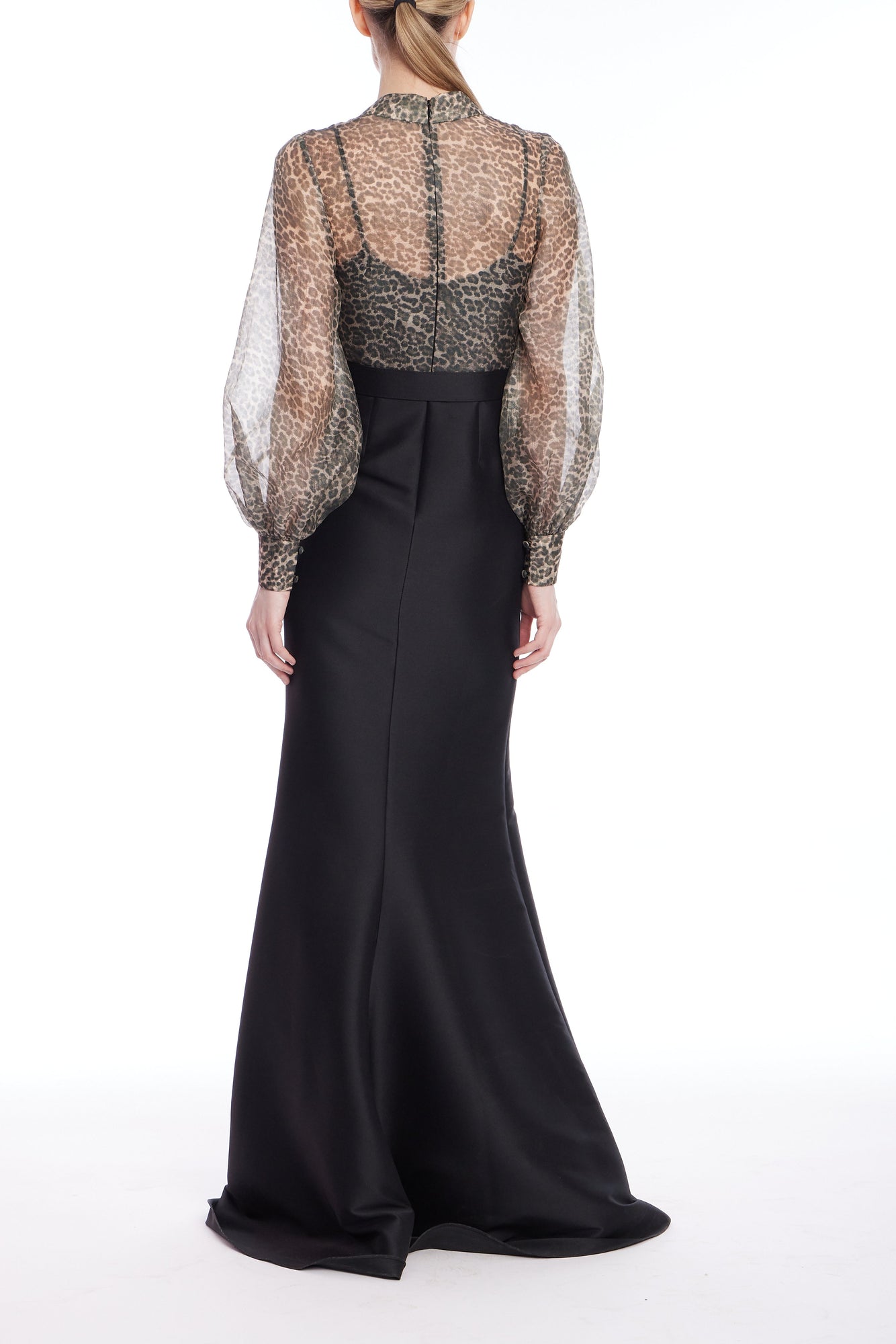 Badgley Mischka | Leopard Print Organza Mermaid Gown with Black Skirt | Black