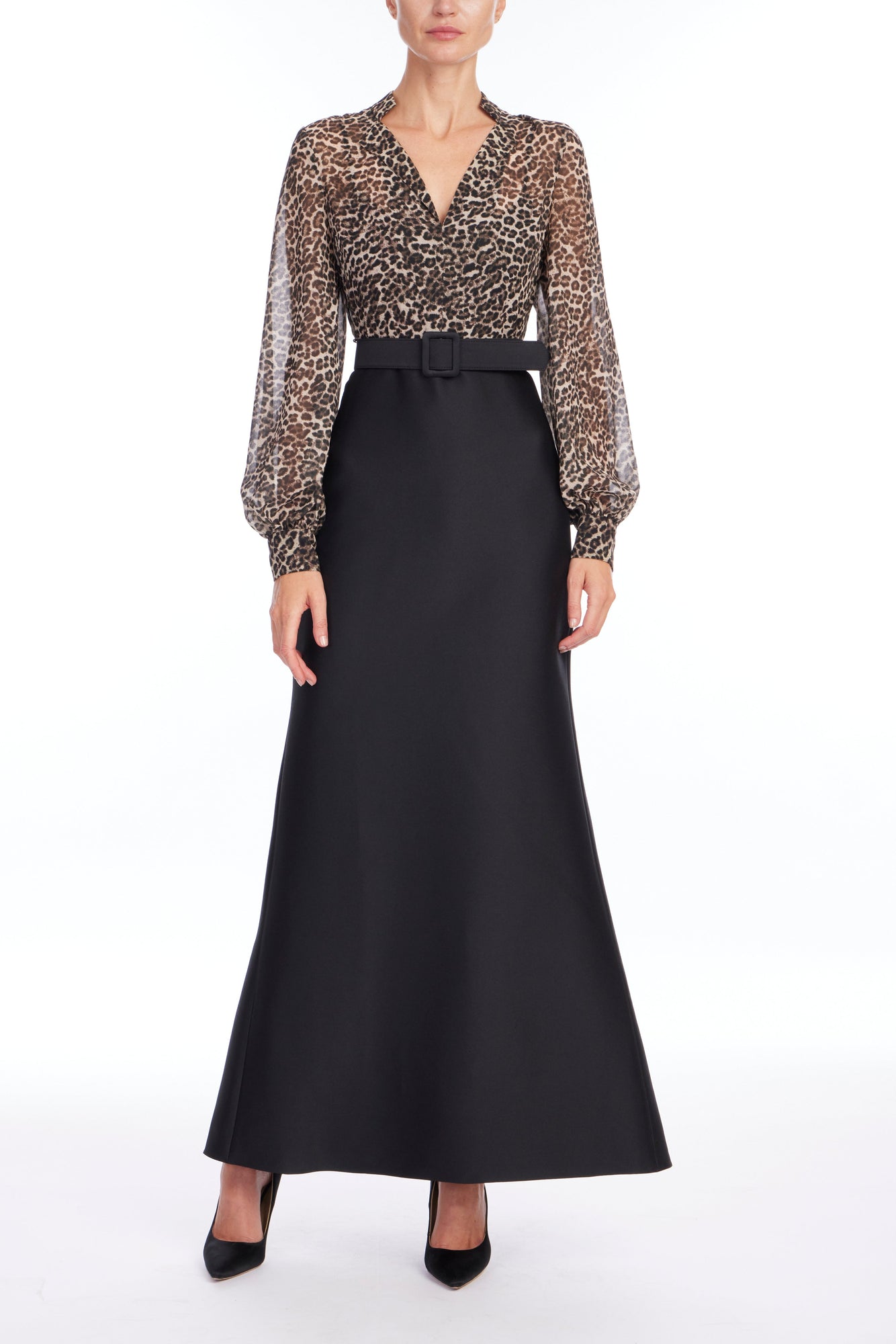 Badgley Mischka | Leopard Print Organza Mermaid Gown with Black Skirt | Black