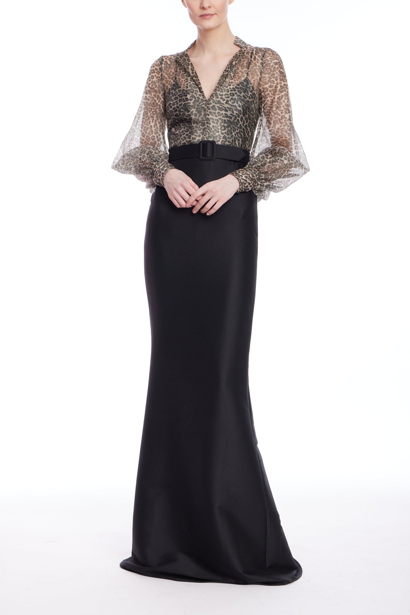 Badgley Mischka | Leopard Print Organza Mermaid Gown with Black Skirt | Black