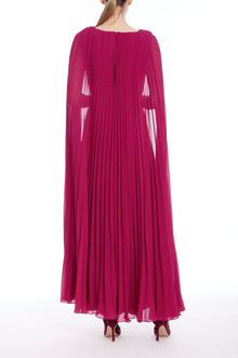 Badgley Mischka | V-Neck Pleated Cape Dress | Raspberry