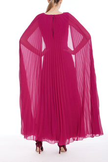 Badgley Mischka | V-Neck Pleated Cape Dress | Raspberry