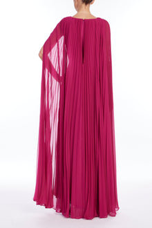 Badgley Mischka | V-Neck Pleated Cape Dress | Raspberry