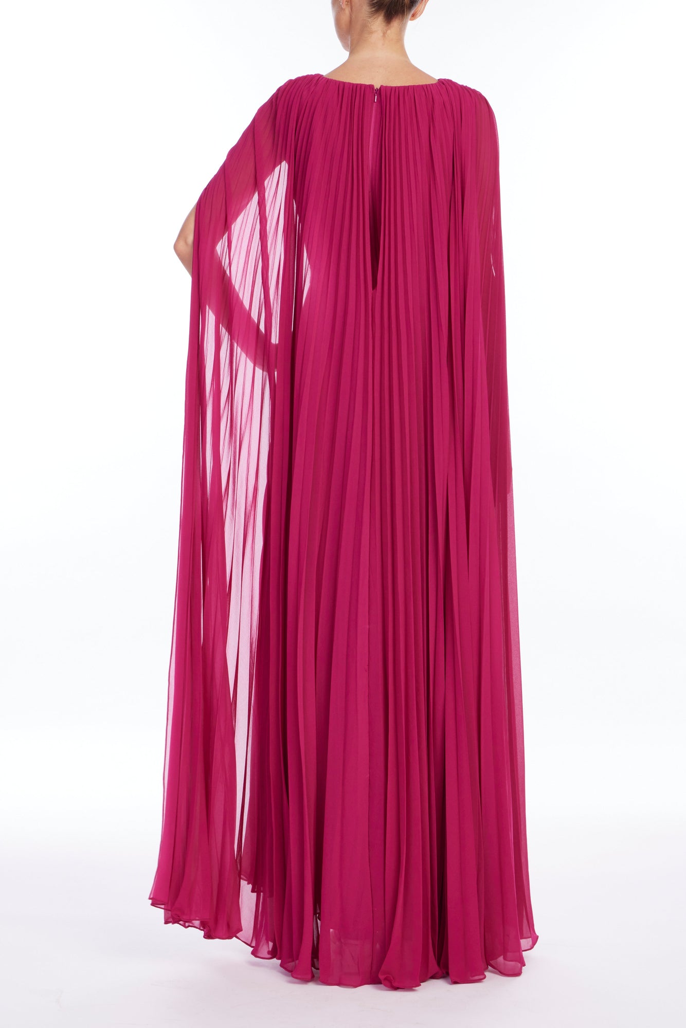 Badgley Mischka | V-Neck Pleated Cape Dress | Raspberry