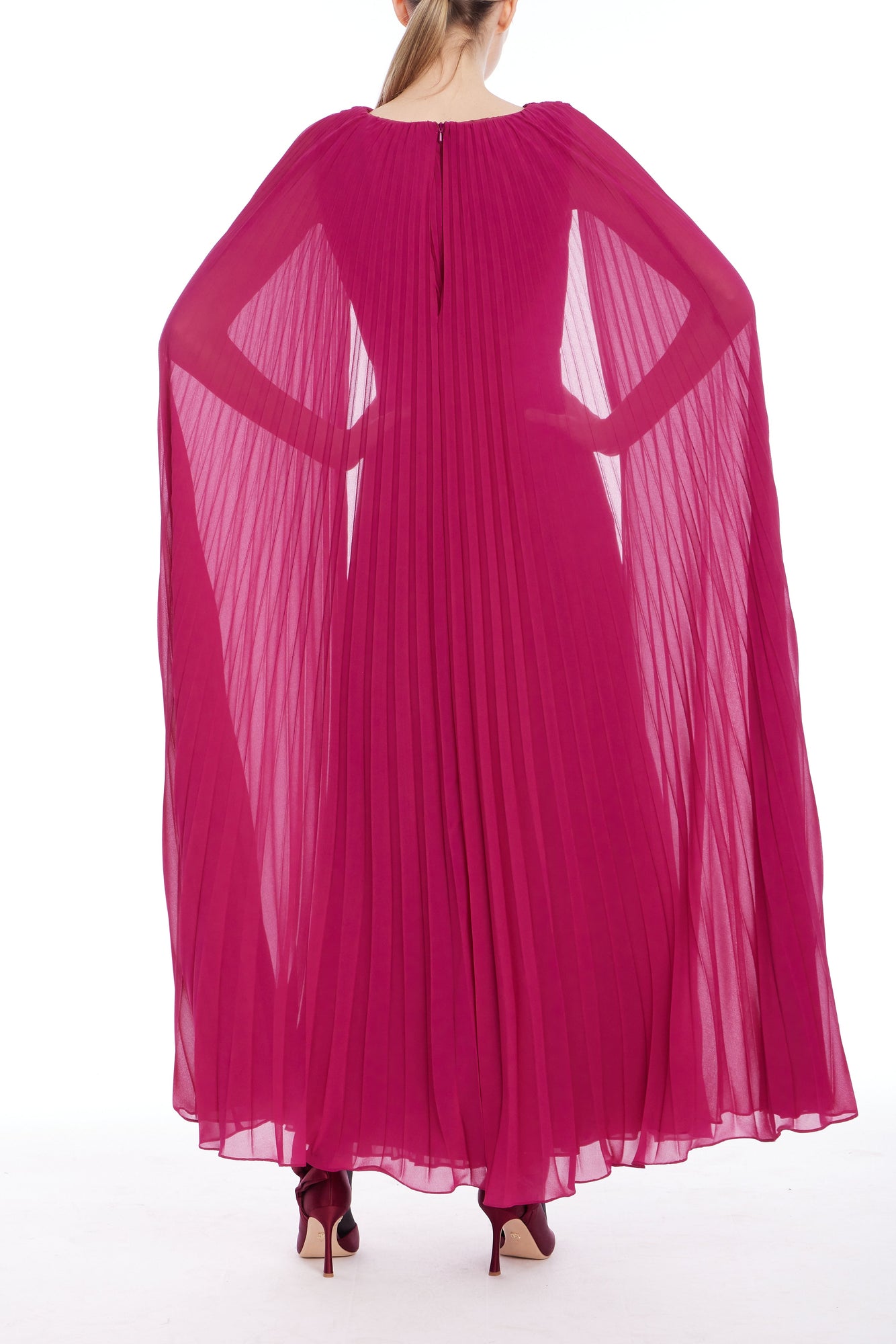 Badgley Mischka | V-Neck Pleated Cape Dress | Raspberry