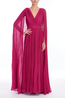 Badgley Mischka | V-Neck Pleated Cape Dress | Raspberry