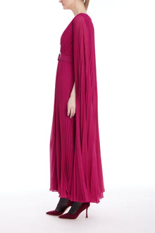 Badgley Mischka | V-Neck Pleated Cape Dress | Raspberry