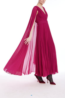 Badgley Mischka | V-Neck Pleated Cape Dress | Raspberry