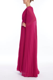 Badgley Mischka | V-Neck Pleated Cape Dress | Raspberry
