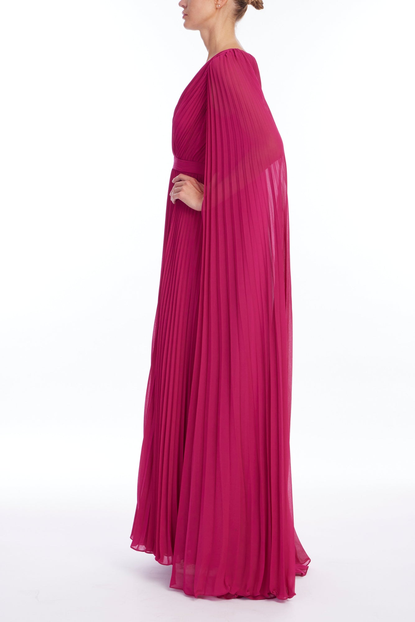Badgley Mischka | V-Neck Pleated Cape Dress | Raspberry