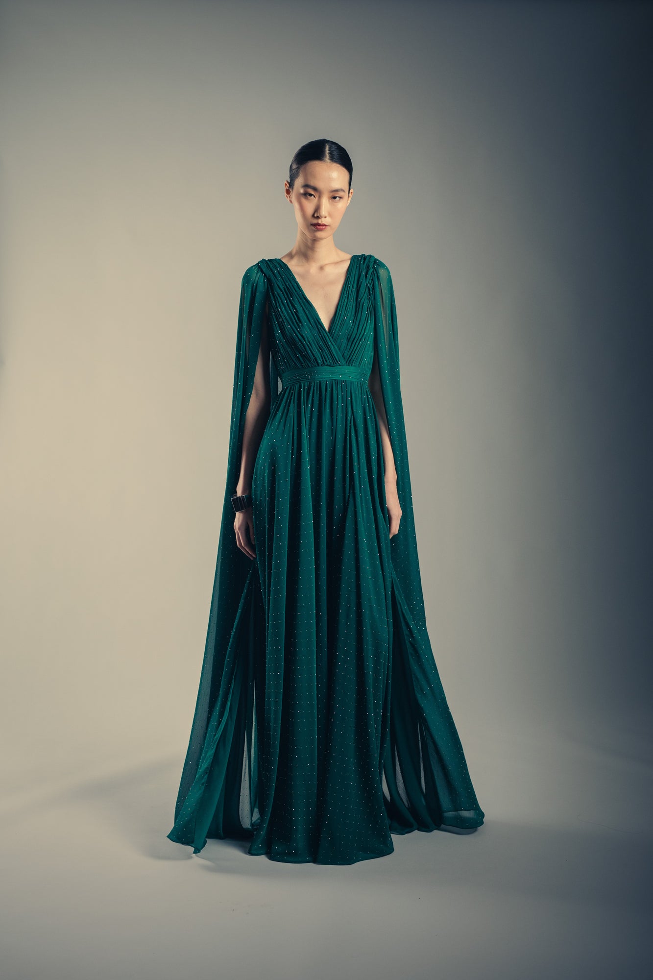 Badgley Mischka | V-Neck Stud Cape Gown | Dark Emerald