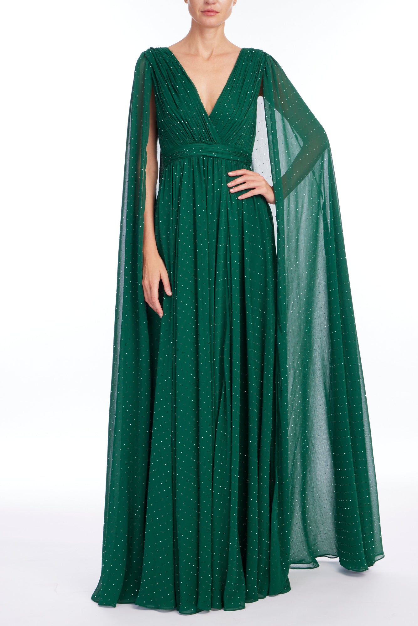 Badgley Mischka | V-Neck Stud Cape Gown | Dark Emerald