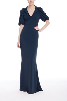 Badgley Mischka | Rouched Sleeve Gown |Navy