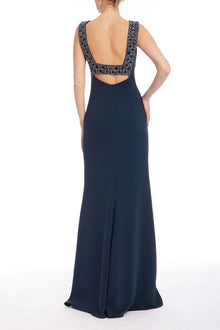 Badgley Mischka | Beaded Cutout Sleeveless Maxi Gown | Navy