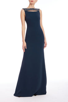 Badgley Mischka | Beaded Cutout Sleeveless Maxi Gown | Navy