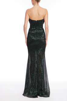 Badgley Mischka | Sequin Strapless Mermaid Gown with Bow Front | Dark Emerald