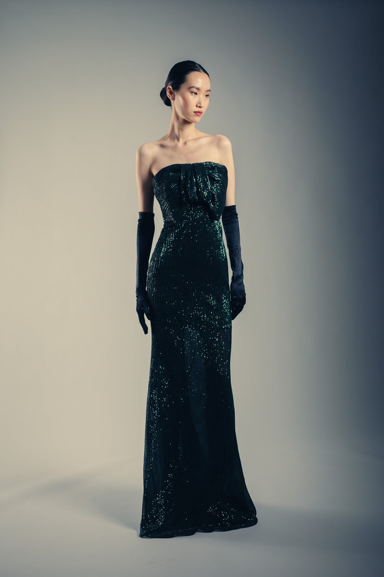 Badgley Mischka | Sequin Strapless Mermaid Gown with Bow Front | Dark Emerald