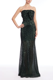 Badgley Mischka | Sequin Strapless Mermaid Gown with Bow Front | Dark Emerald