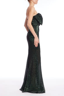 Badgley Mischka | Sequin Strapless Mermaid Gown with Bow Front | Dark Emerald
