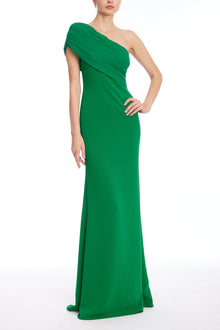 Badgley Mischka | One-Shoulder Pleated Maxi Gown | Emerald