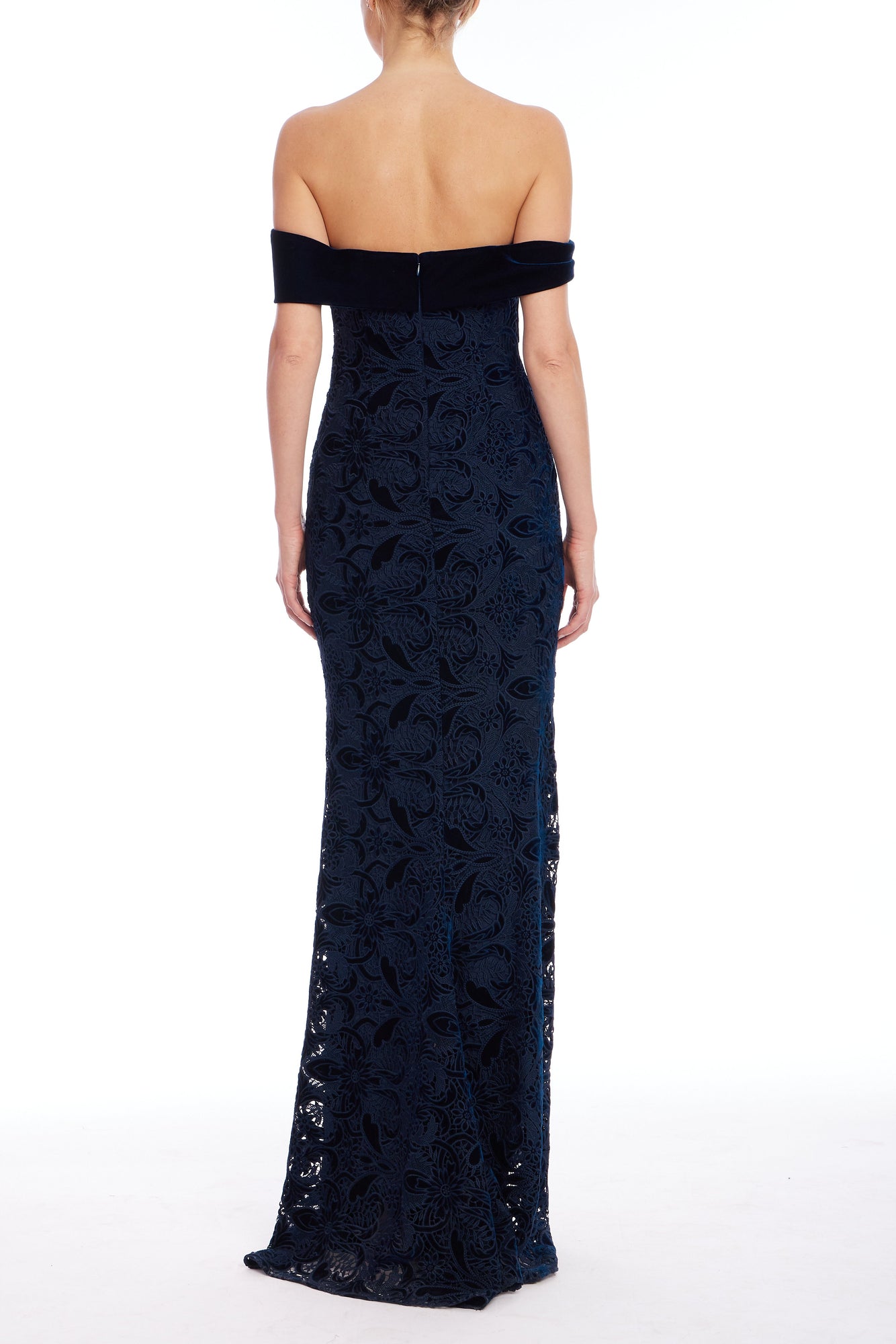 Badgley Mischka | Off-Shoulder Velvet & Burnout Lace Column Gown | Navy