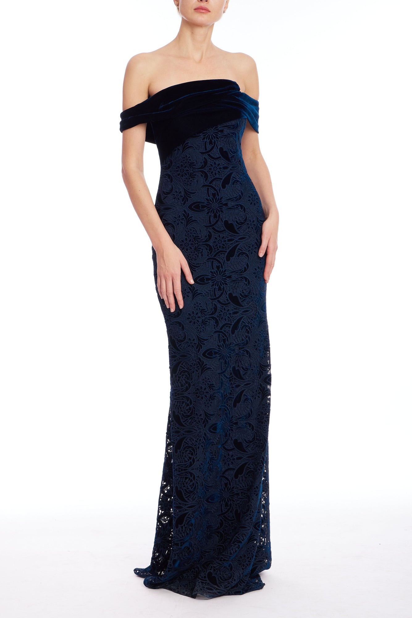 Badgley Mischka | Off-Shoulder Velvet & Burnout Lace Column Gown | Navy
