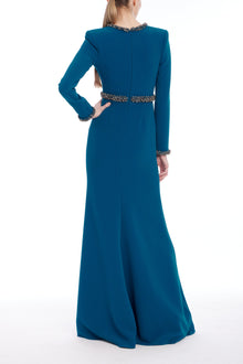Badgley Mischka | Long Sleeve Teal Gown with Beaded Trim | Peacock