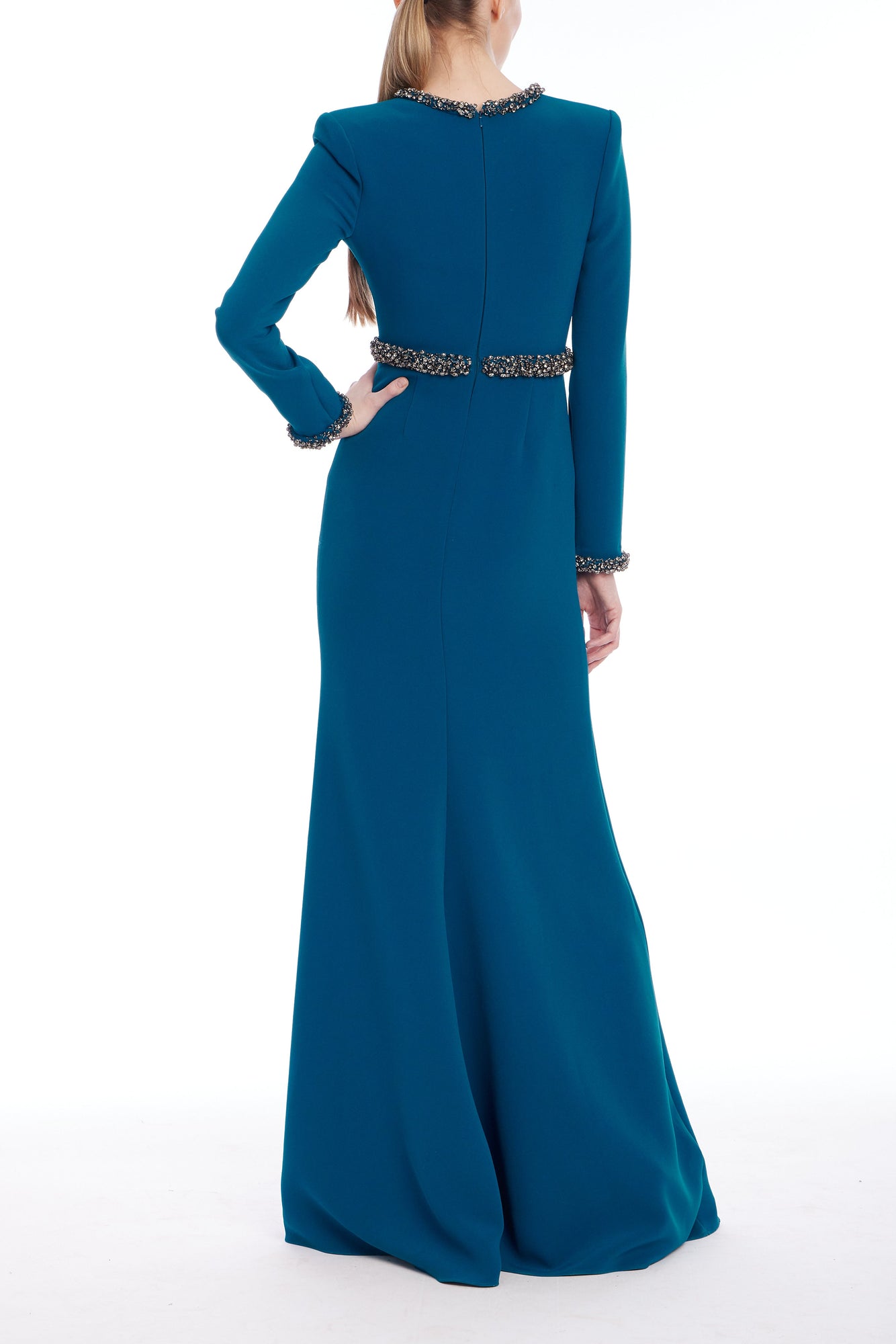 Badgley Mischka | Long Sleeve Teal Gown with Beaded Trim | Peacock
