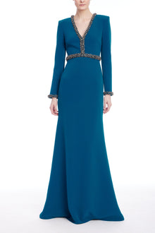 Badgley Mischka | Long Sleeve Teal Gown with Beaded Trim | Peacock