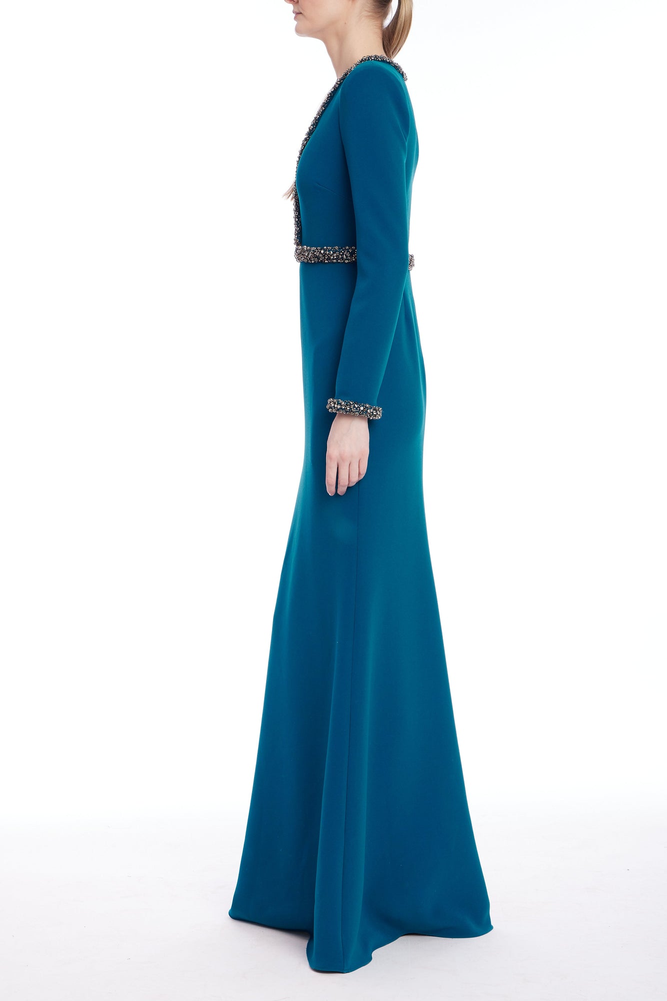Badgley Mischka | Long Sleeve Teal Gown with Beaded Trim | Peacock