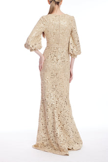 Badgley Mischka | Gold Embroidered Lace Puff Sleeve Gown | Gold
