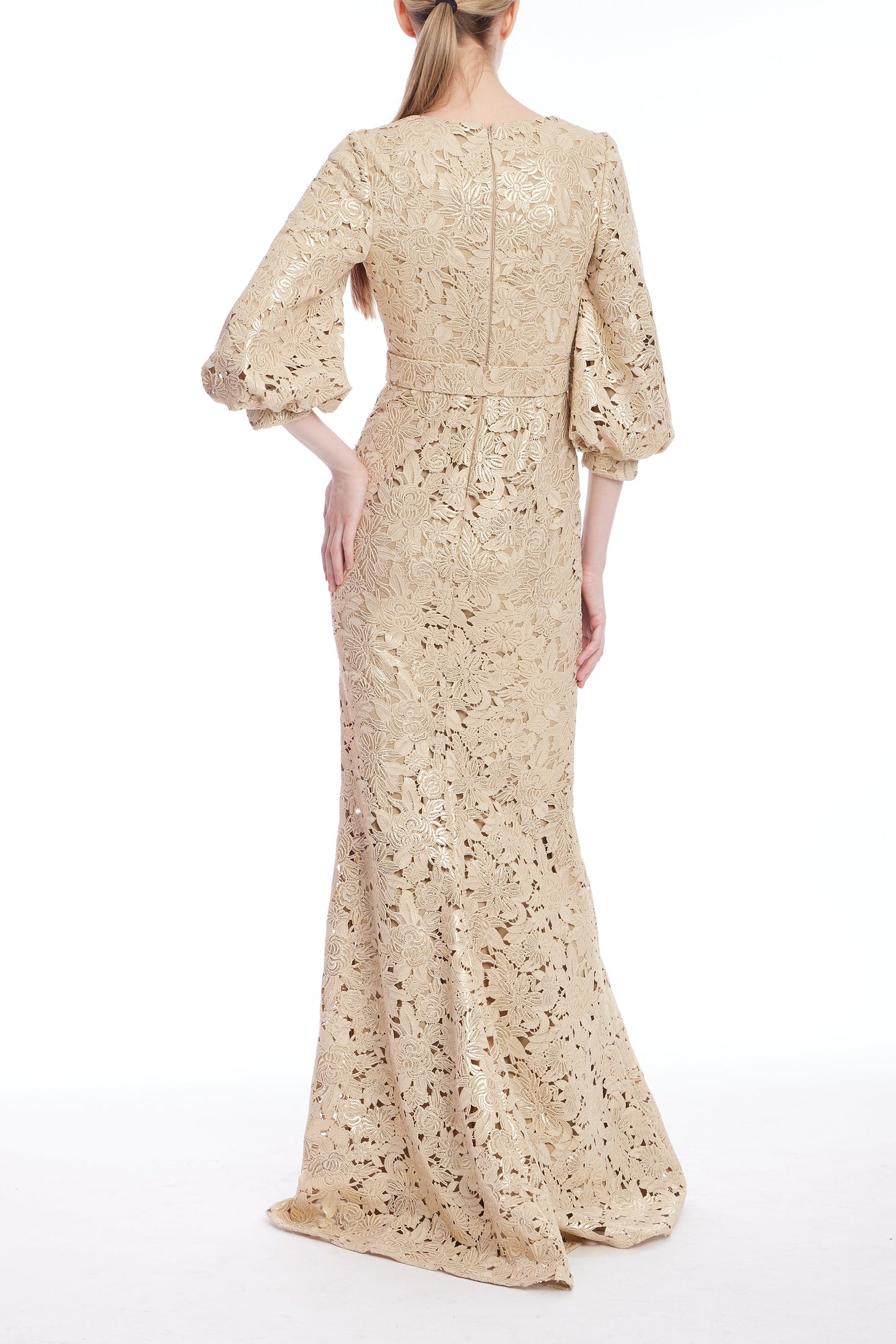 Badgley Mischka | Gold Embroidered Lace Puff Sleeve Gown | Gold