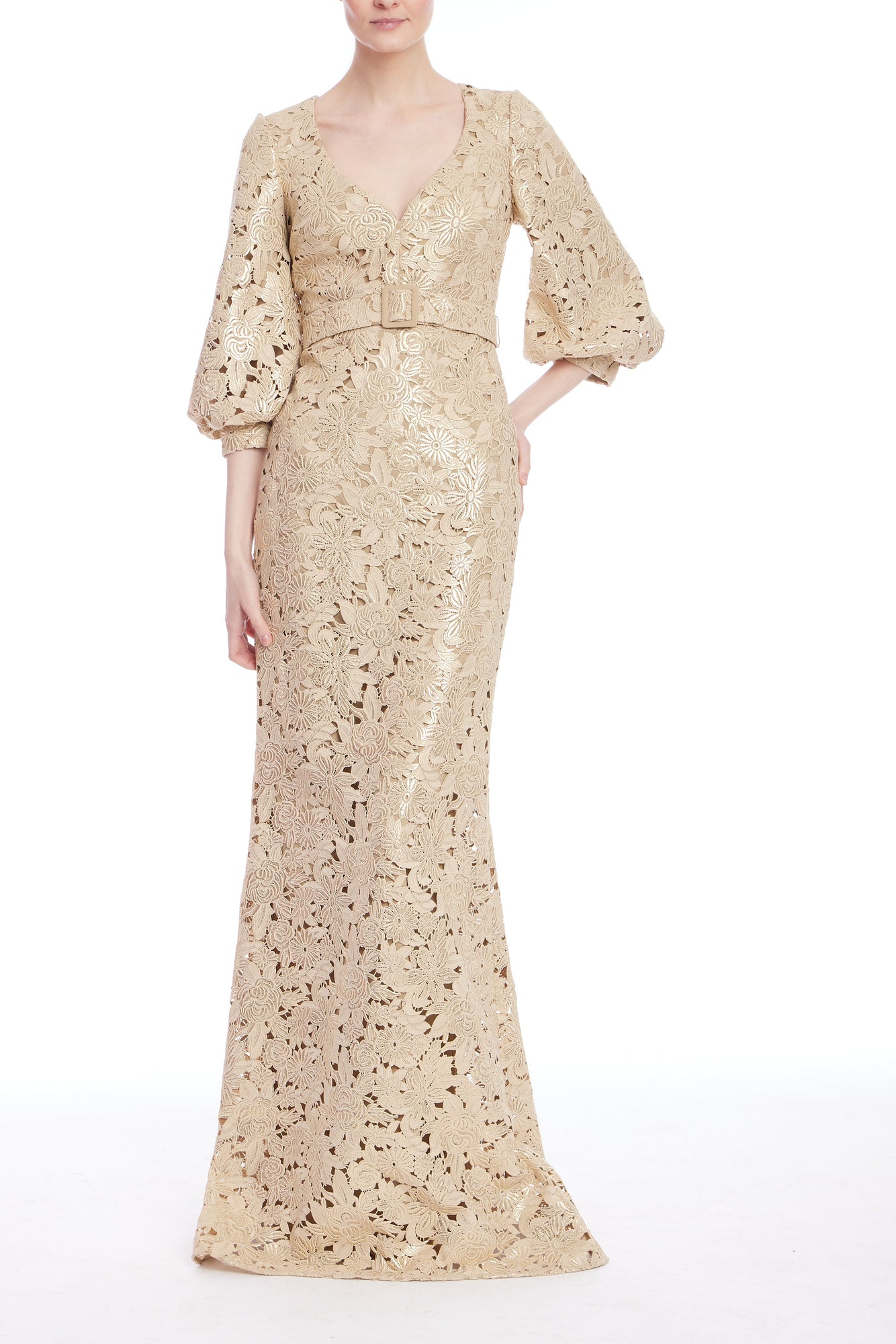 Badgley Mischka | Gold Embroidered Lace Puff Sleeve Gown | Gold