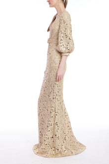 Badgley Mischka | Gold Embroidered Lace Puff Sleeve Gown | Gold