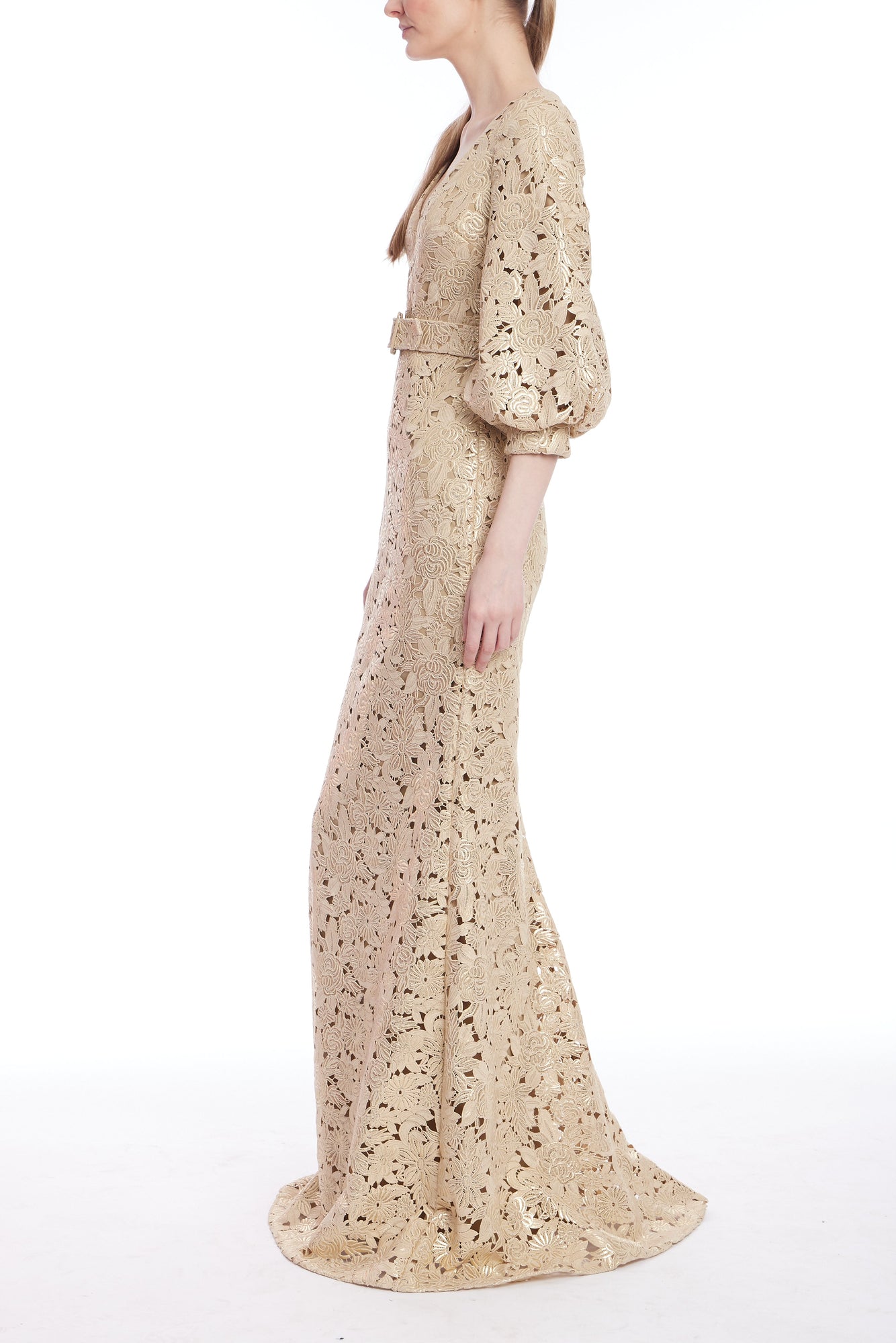 Badgley Mischka | Gold Embroidered Lace Puff Sleeve Gown | Gold