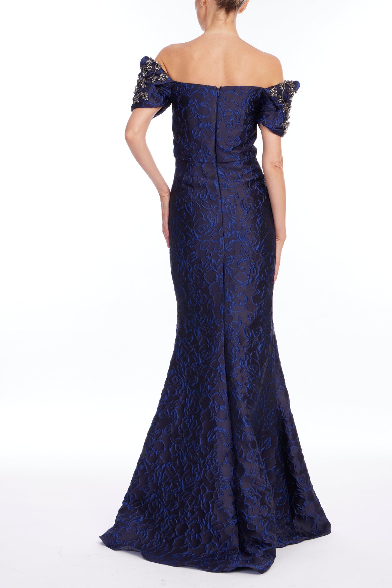 Badgley Mischka | Beaded Off-Shoulder Jacquard Maxi Gown | Cobalt