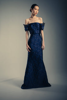 Badgley Mischka | Beaded Off-Shoulder Jacquard Maxi Gown | Cobalt