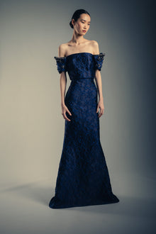 Badgley Mischka | Beaded Off-Shoulder Jacquard Maxi Gown | Cobalt
