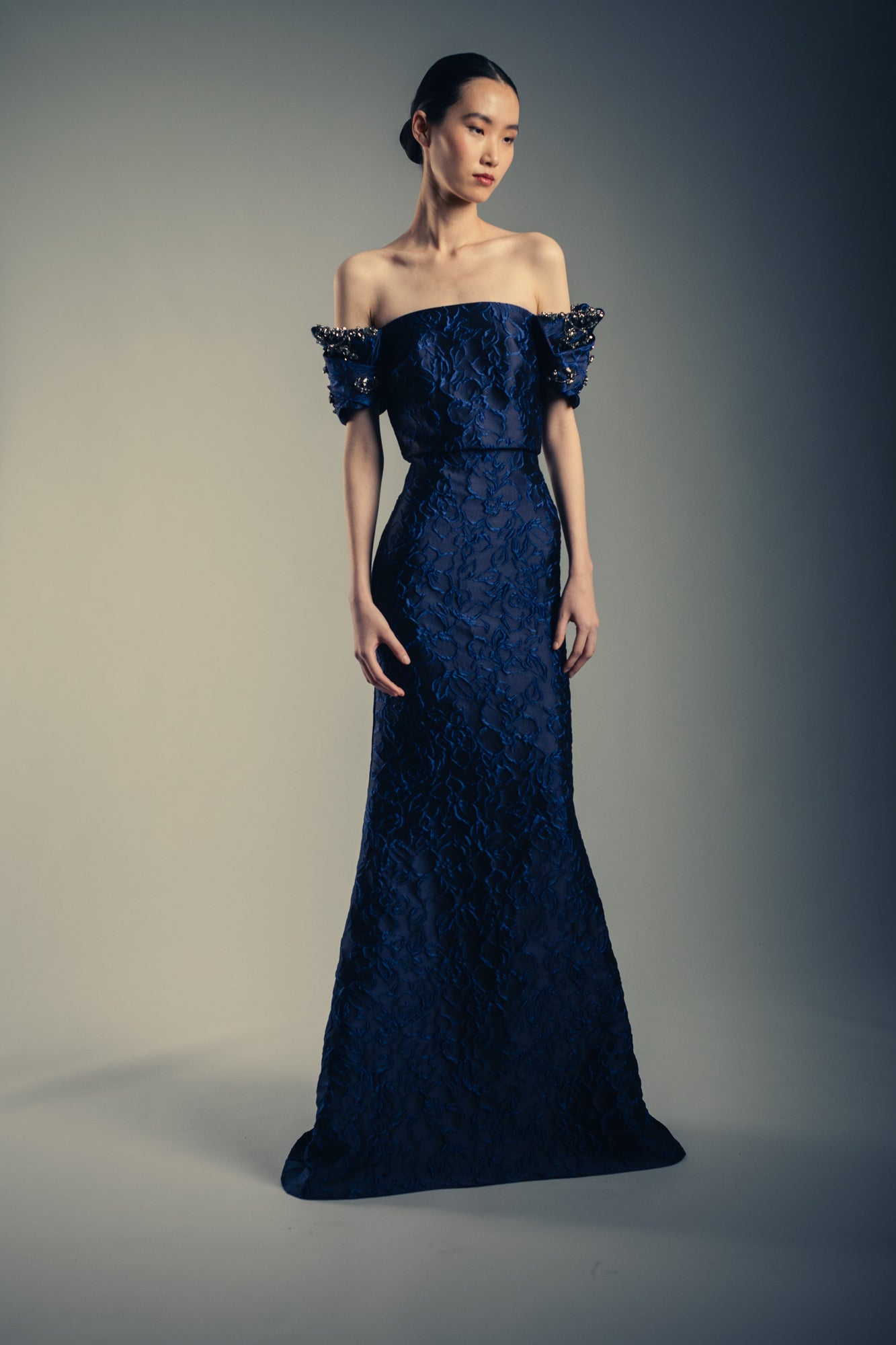 Badgley Mischka | Beaded Off-Shoulder Jacquard Maxi Gown | Cobalt