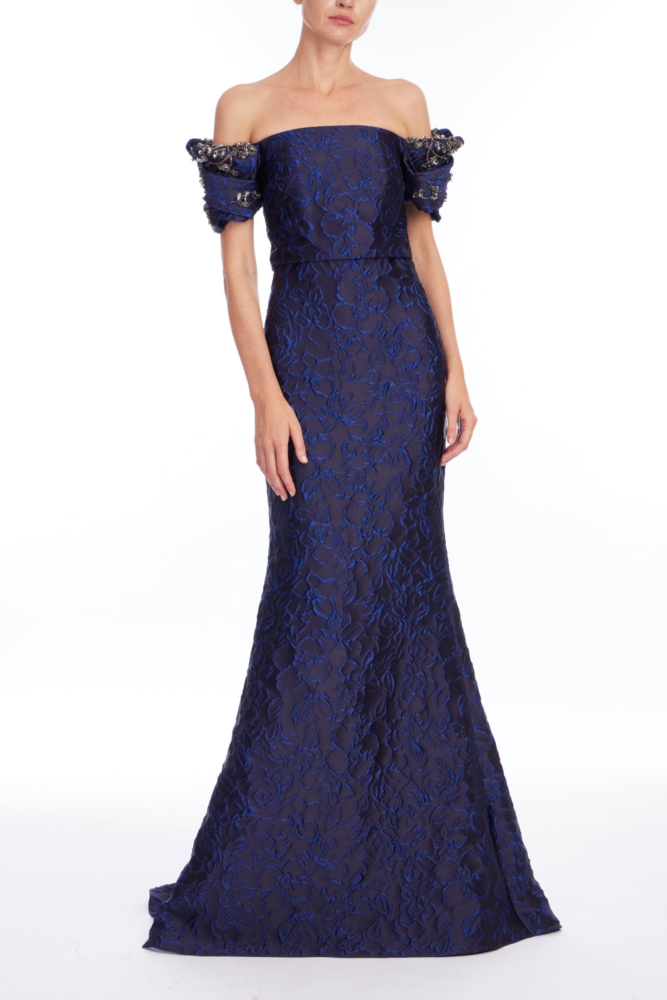 Badgley Mischka | Beaded Off-Shoulder Jacquard Maxi Gown | Cobalt
