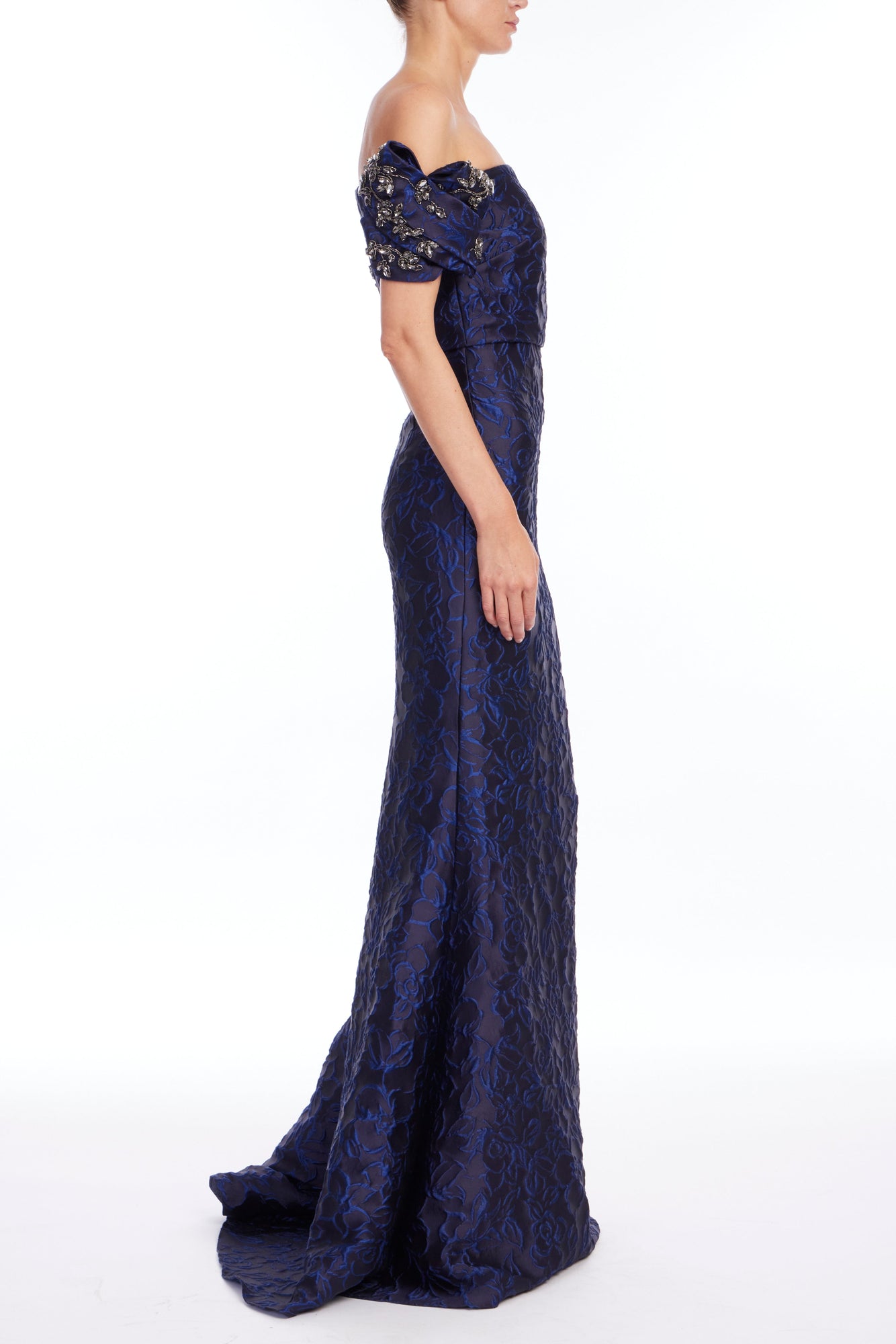 Badgley Mischka | Beaded Off-Shoulder Jacquard Maxi Gown | Cobalt