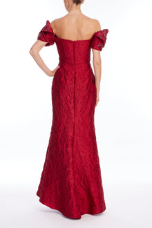 Badgley Mischka | Beaded Off-Shoulder Jacquard Maxi Gown | Red