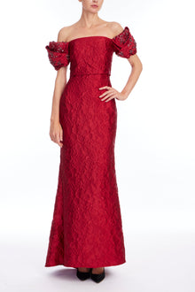 Badgley Mischka | Beaded Off-Shoulder Jacquard Maxi Gown | Red