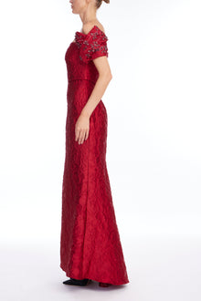 Badgley Mischka | Beaded Off-Shoulder Jacquard Maxi Gown | Red